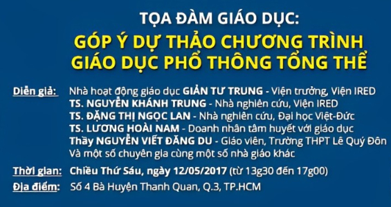 Tọa đàm Giáo dục: "GÓP Ý DỰ THẢO CHƯƠNG TRÌNH GIÁO DỤC PHỔ THÔNG TỔNG THỂ"